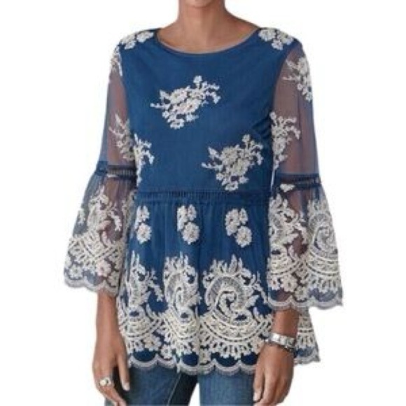 Sundance Fleur In Bloom Lace Blue Floral Embroidered Bell Sleeve Blouse Medium - Picture 2 of 9
